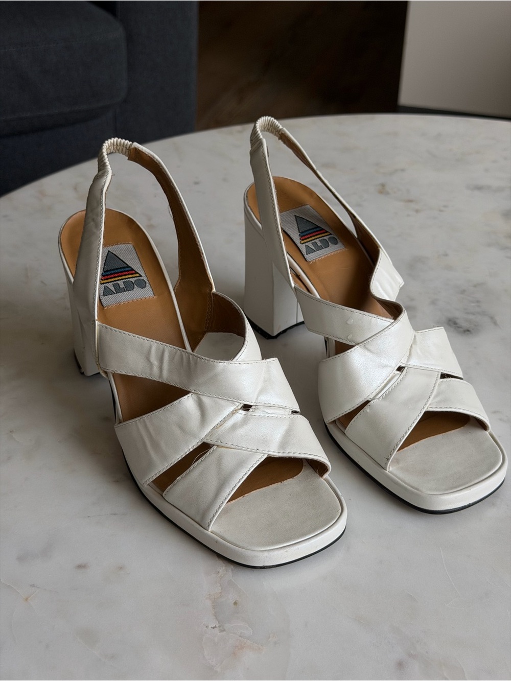 Vintage 90s ALDO White Leather Square Toe Block Heel Slingbacks Size 38